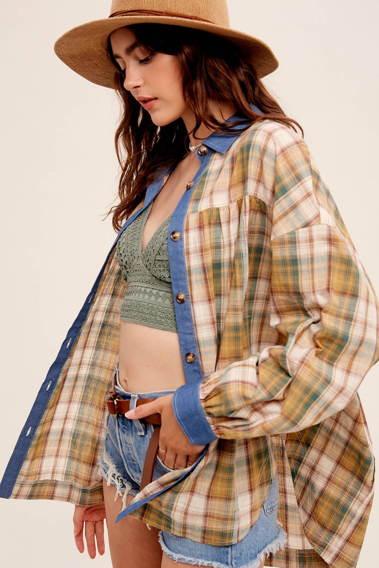Mixed Plaid Oversized Button-Down Shirt LJ0205