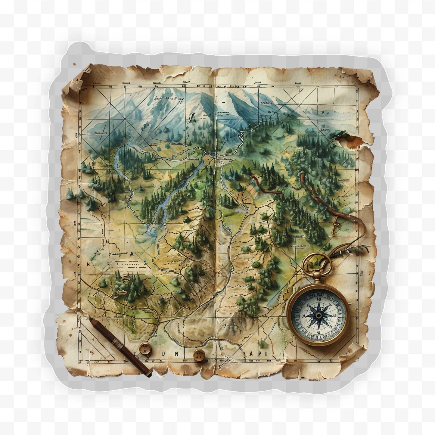 Map And Compass Clear Vinyl, Sticker, 3x3 in.