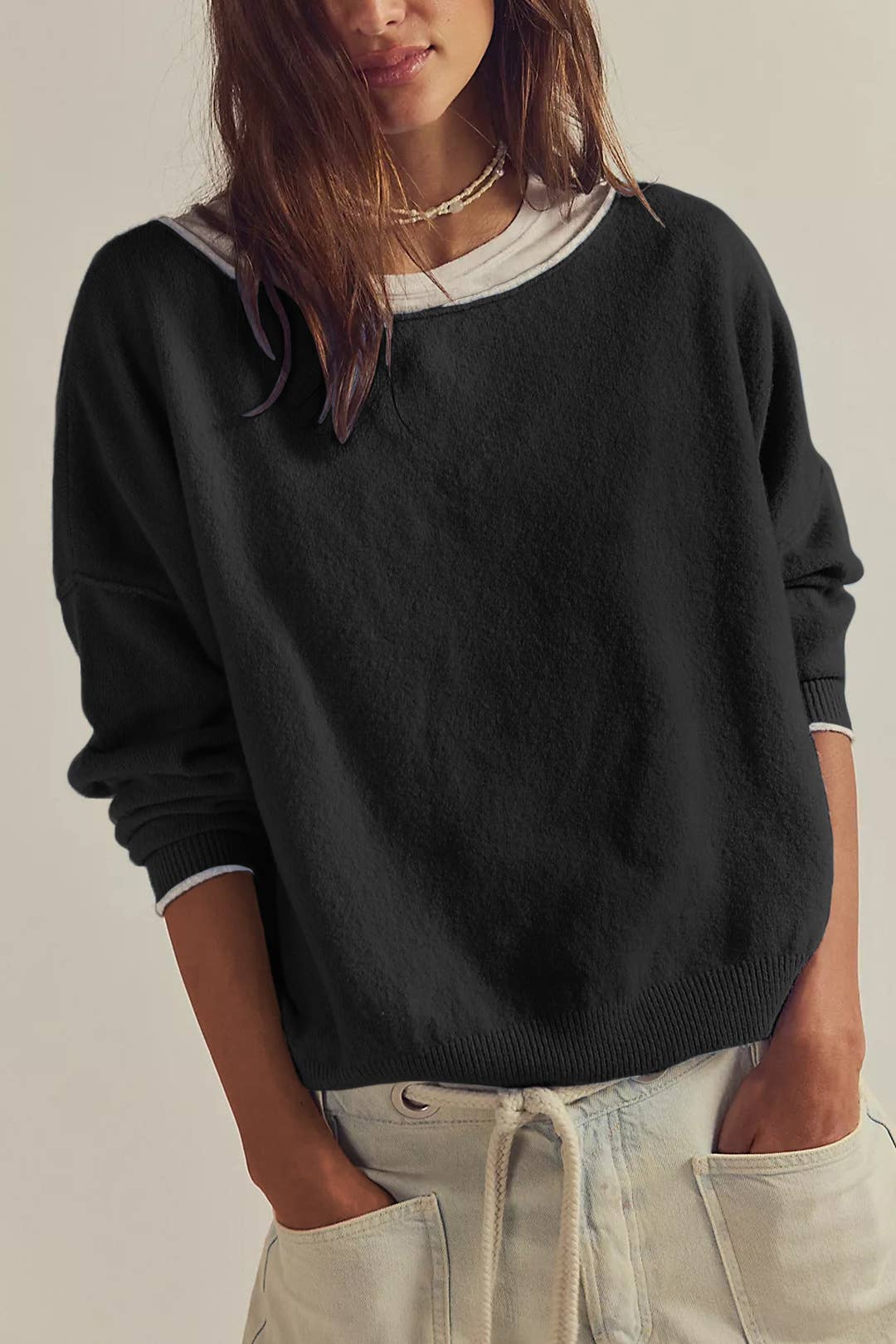 Round Neck Color-Block Basic Knitted Sweater
