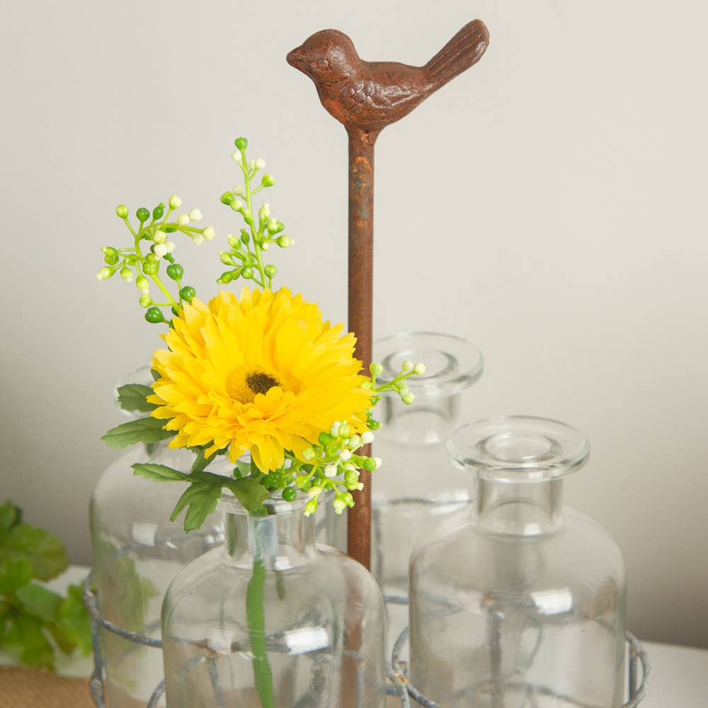 Rustic Distressed Metal Wire Caddy with Glass Bottle Vases
