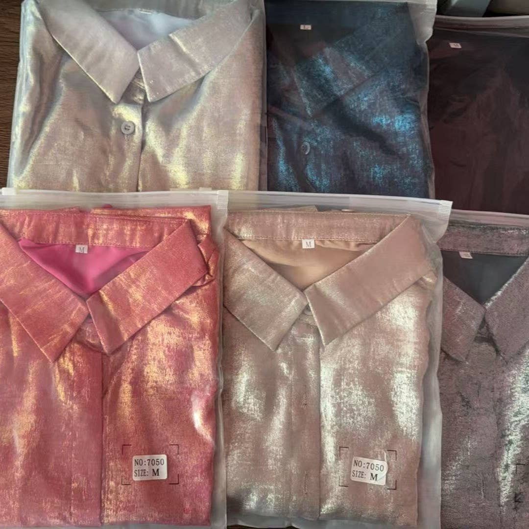 Relaxed Metallic Short-Sleeved Lapels Shirt