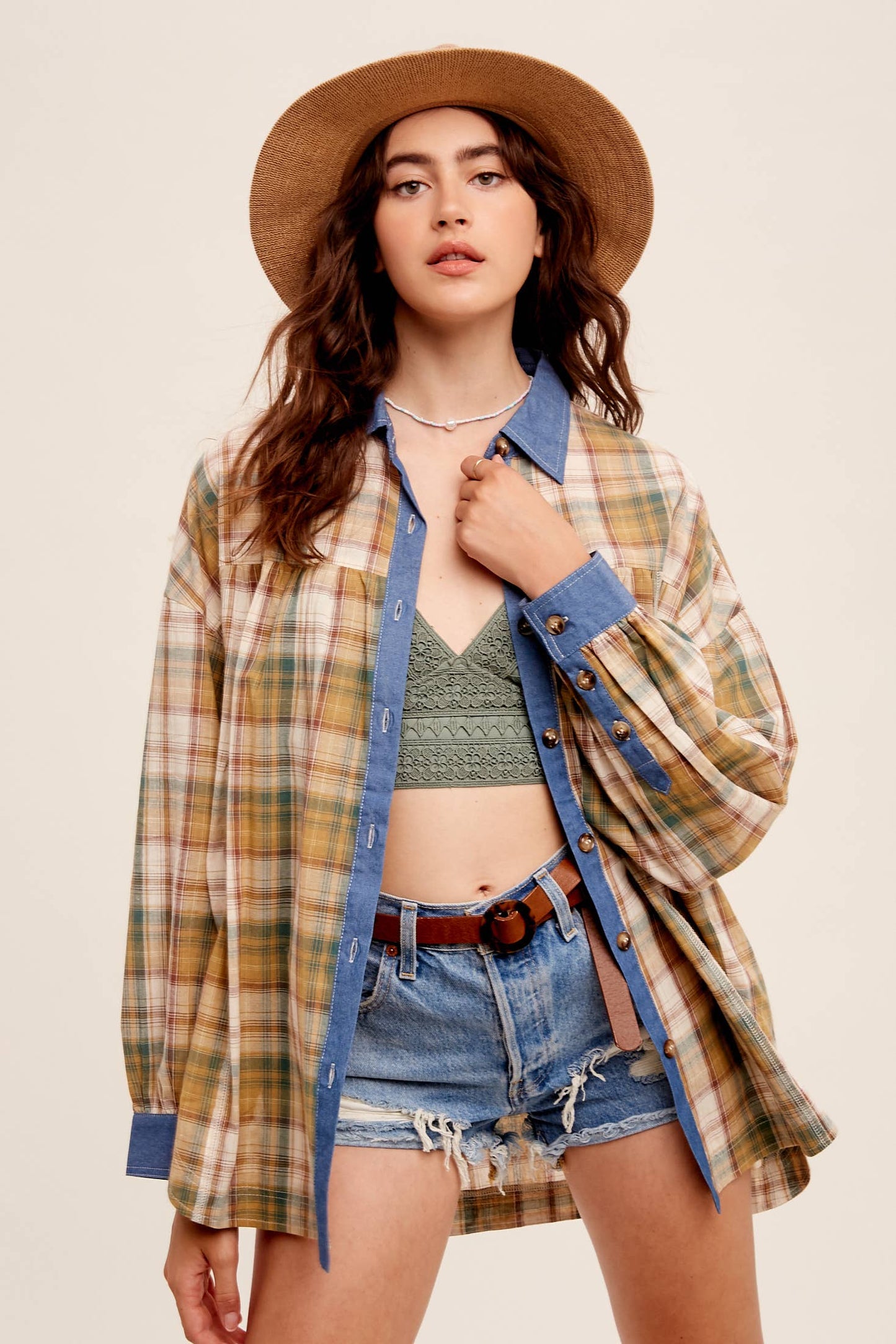 Mixed Plaid Oversized Button-Down Shirt LJ0205