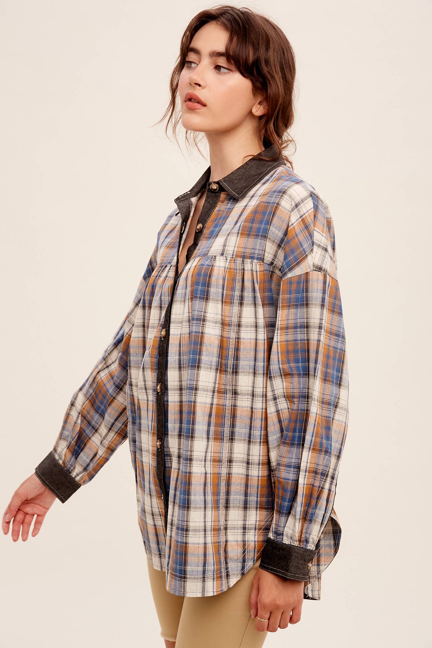 Mixed Plaid Oversized Button-Down Shirt LJ0205