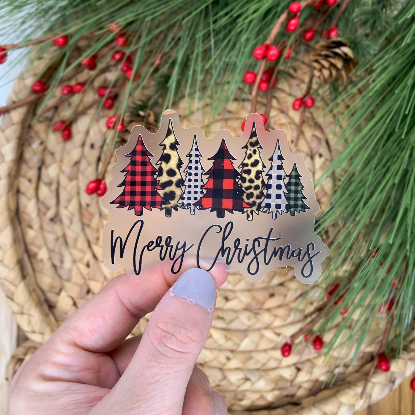 Merry Christmas, Plaid Trees Clear Vinyl Sticker 3x3 in.