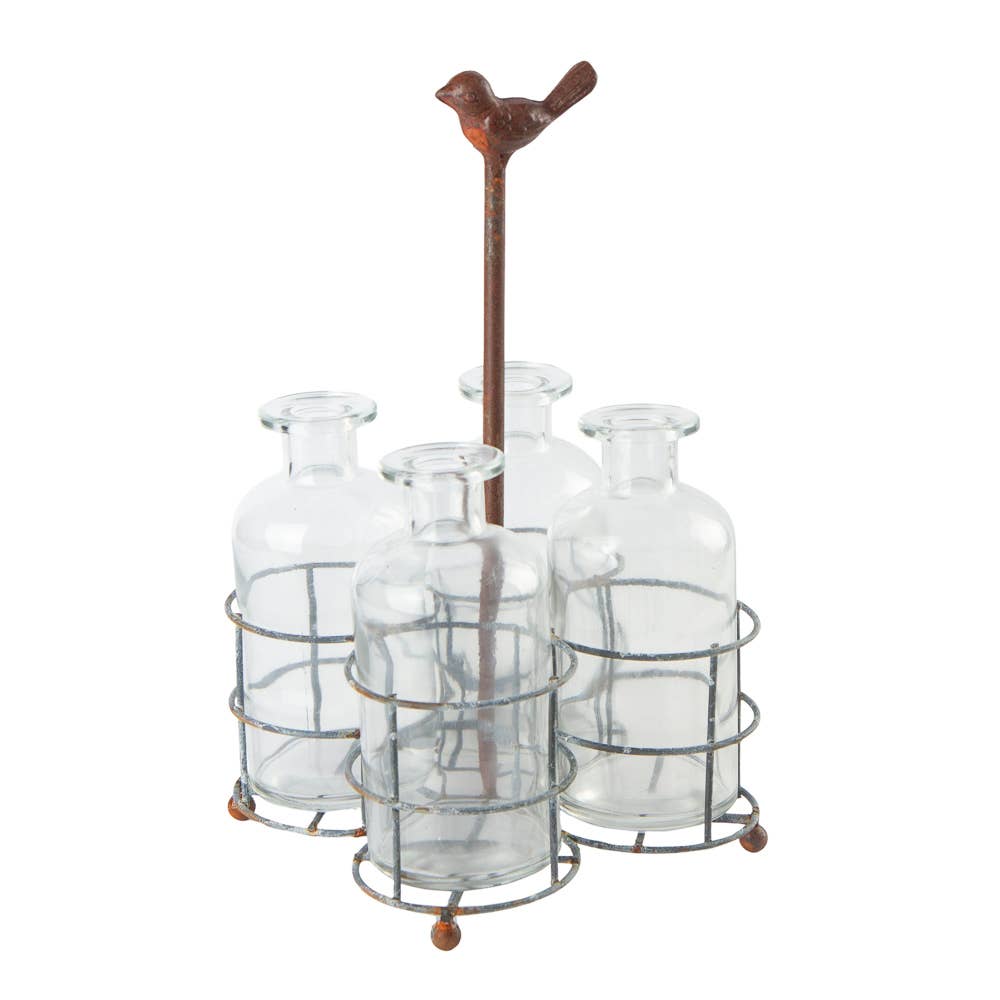 Rustic Distressed Metal Wire Caddy with Glass Bottle Vases