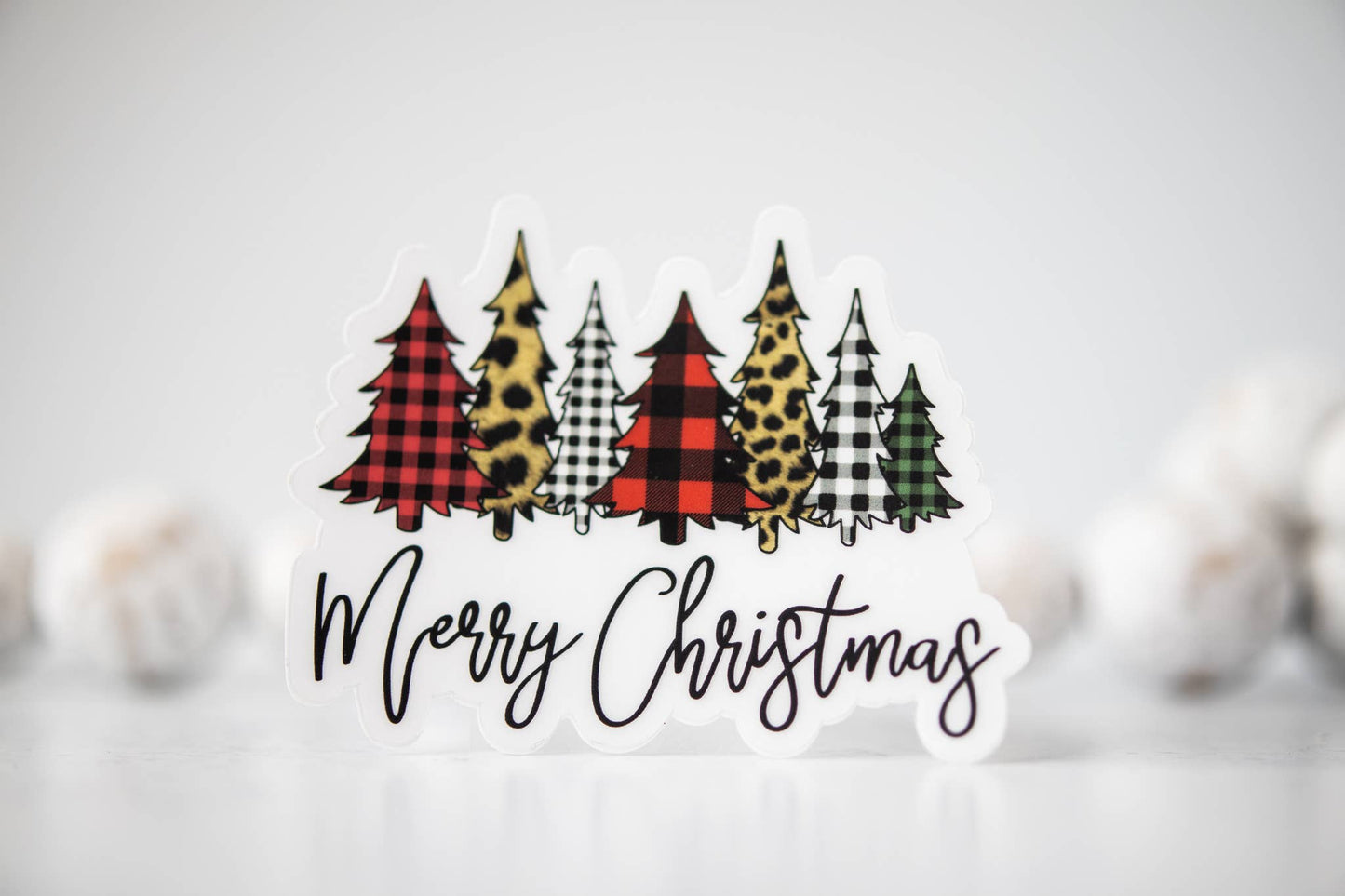 Merry Christmas, Plaid Trees Clear Vinyl Sticker 3x3 in.