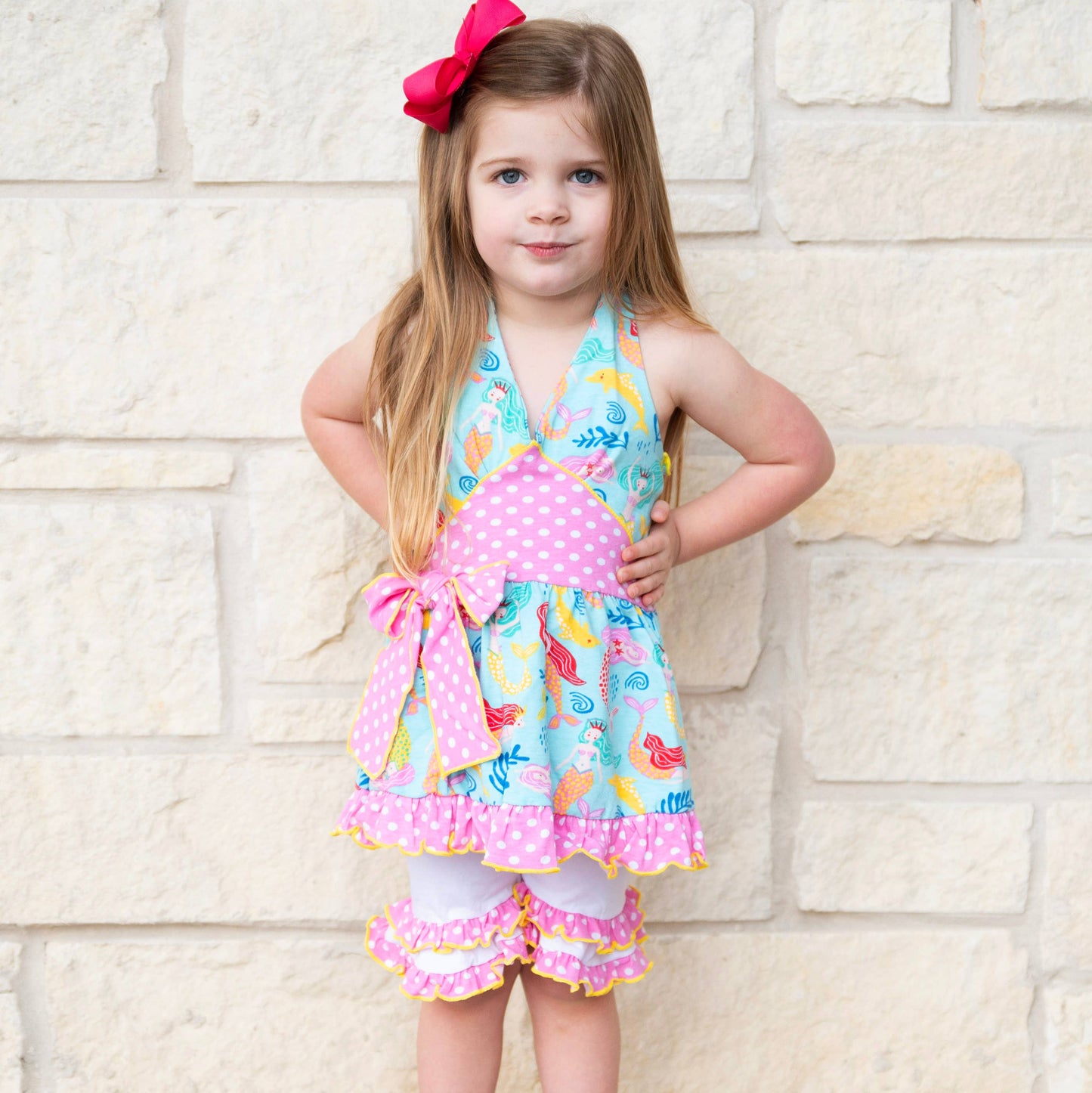 AnnLoren Girls Mermaid Halter Dress White Shorts Summer Set