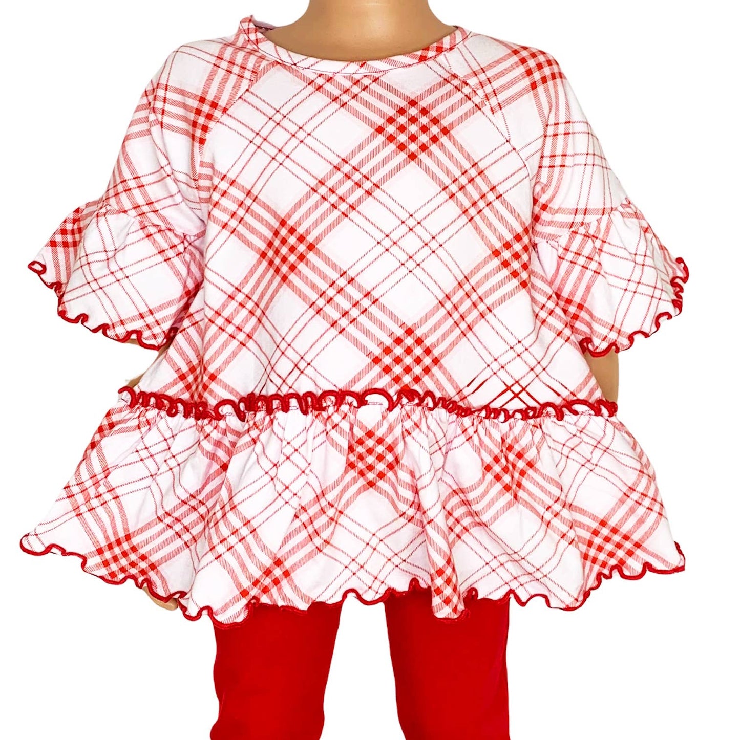 AnnLoren Girls Red Plaid Ruffle Shirt Embroidery Blanks