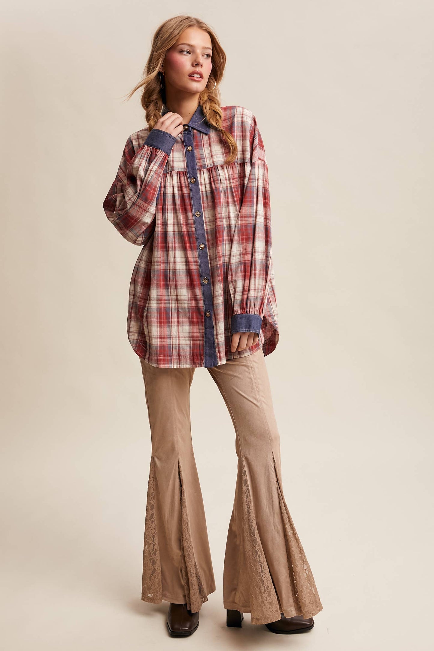 Mixed Plaid Oversized Button-Down Shirt LJ0205
