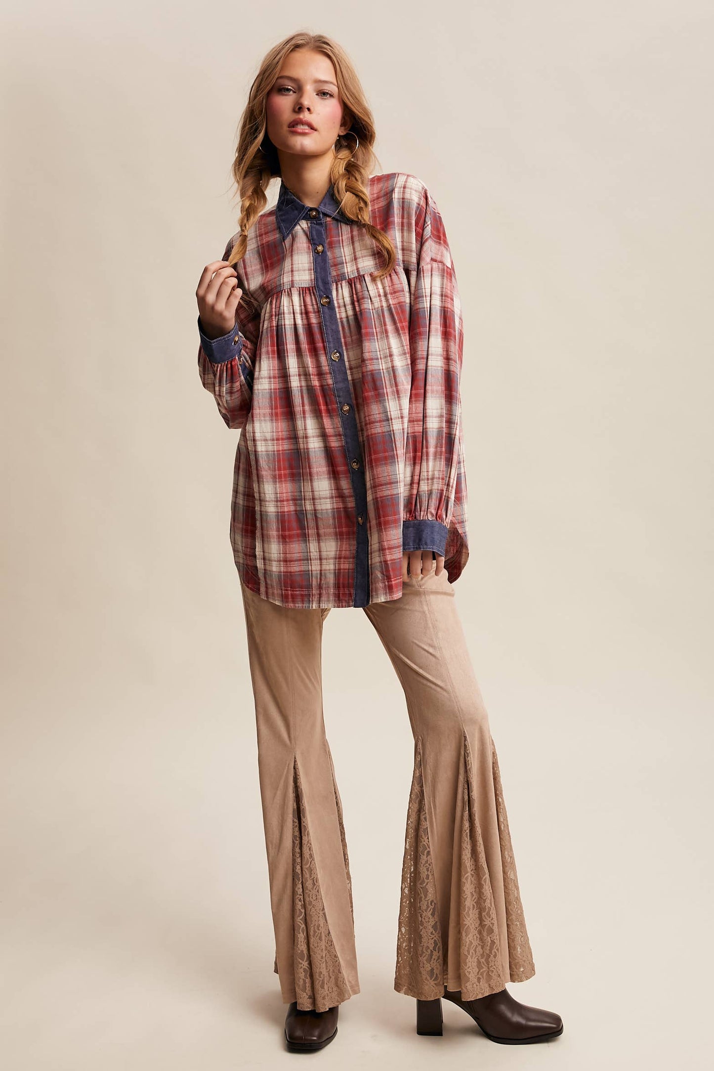 Mixed Plaid Oversized Button-Down Shirt LJ0205