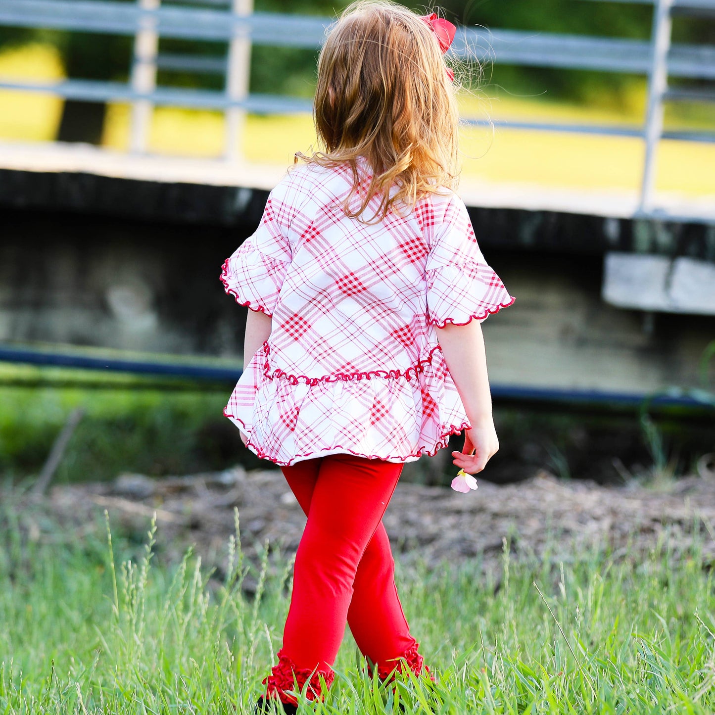 AnnLoren Girls Red Plaid Ruffle Shirt Embroidery Blanks