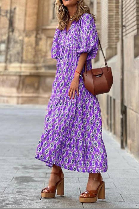 Bohemia Floral Balloon Sleeves loose flare swing dress