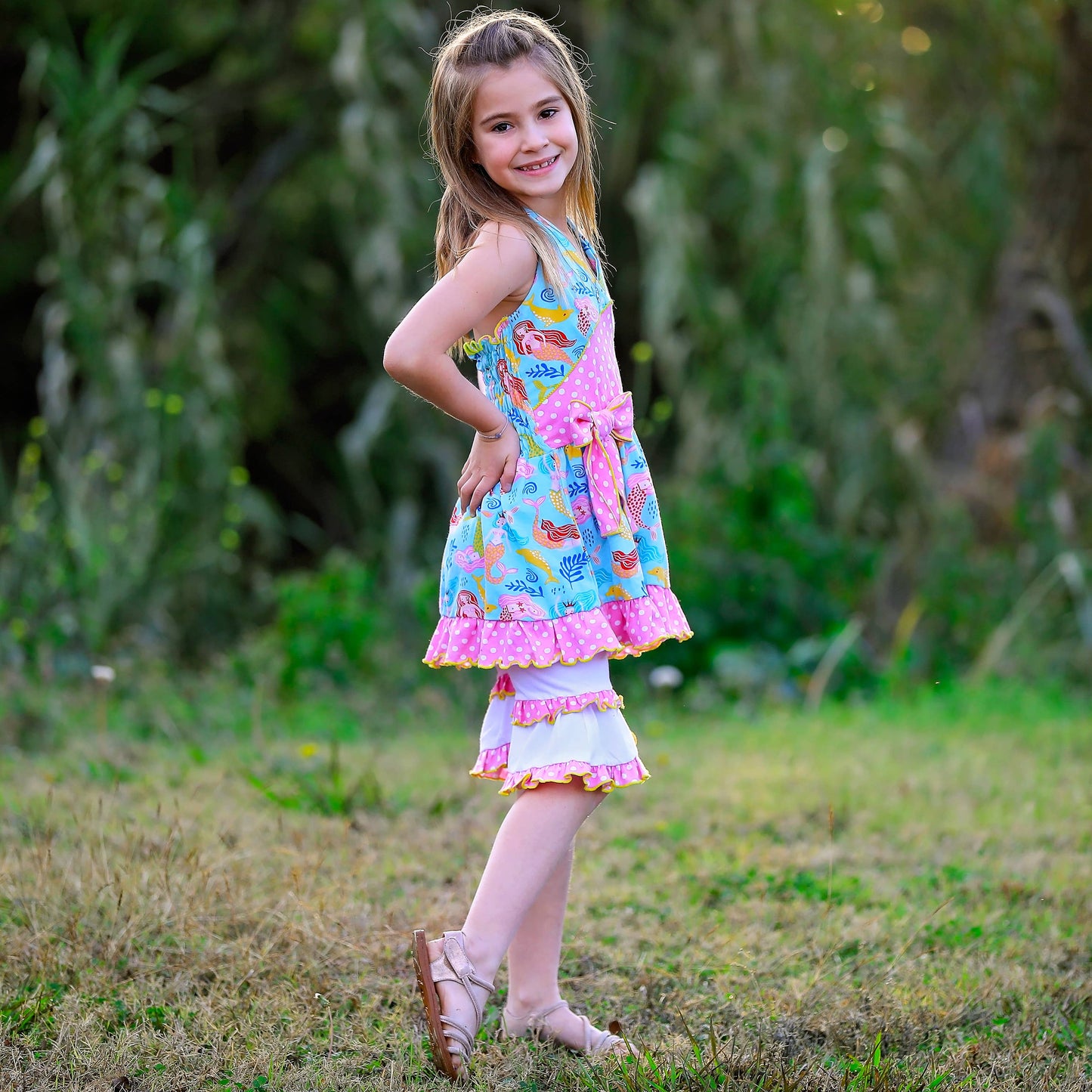 AnnLoren Girls Mermaid Halter Dress White Shorts Summer Set