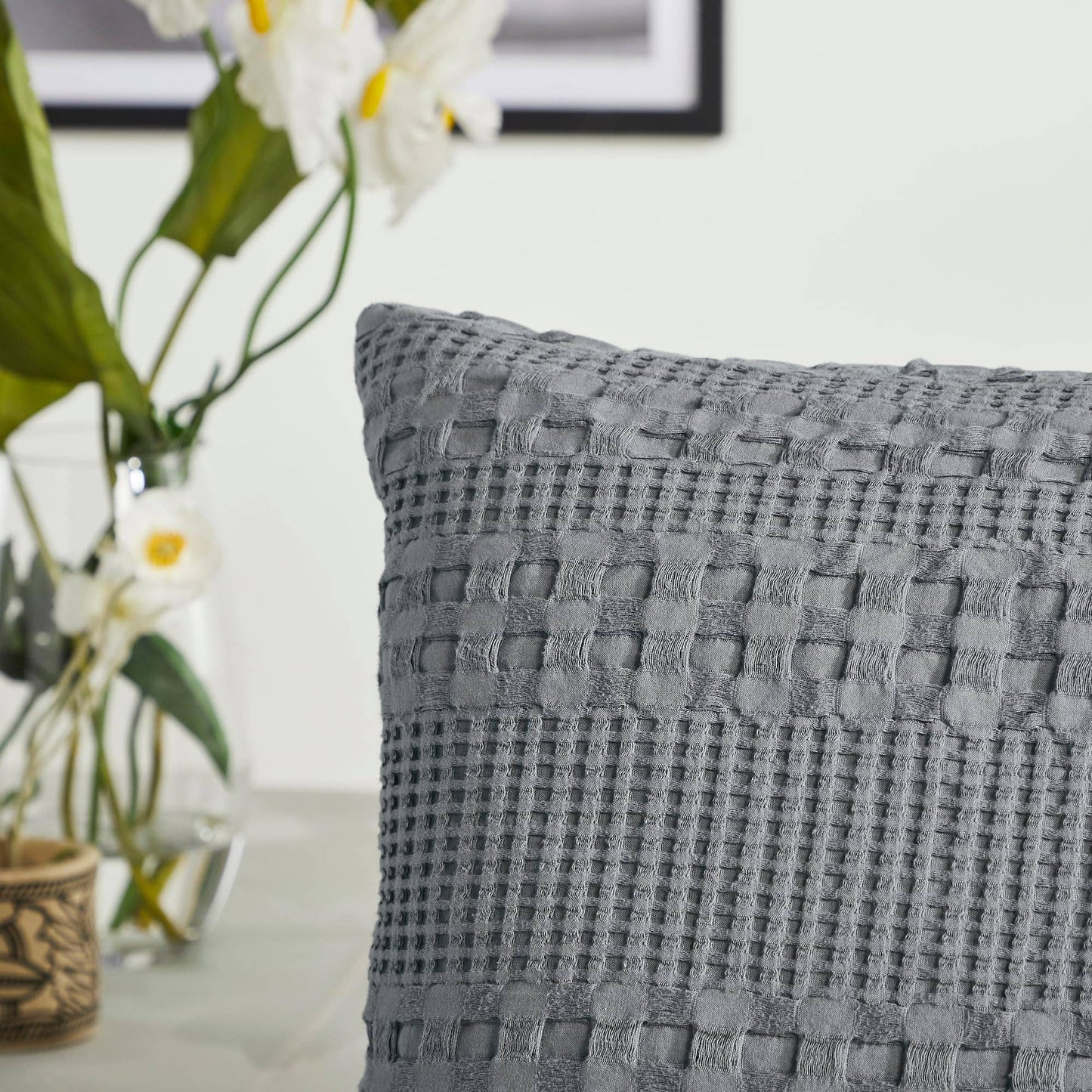 VHC Brands Waffle Weave Dark Gray Pillow Cover Set (2-Pack) 24x24 - Decorative Throw Pillow Covers for Farmhouse Boho Bedroom & Living Room Decor