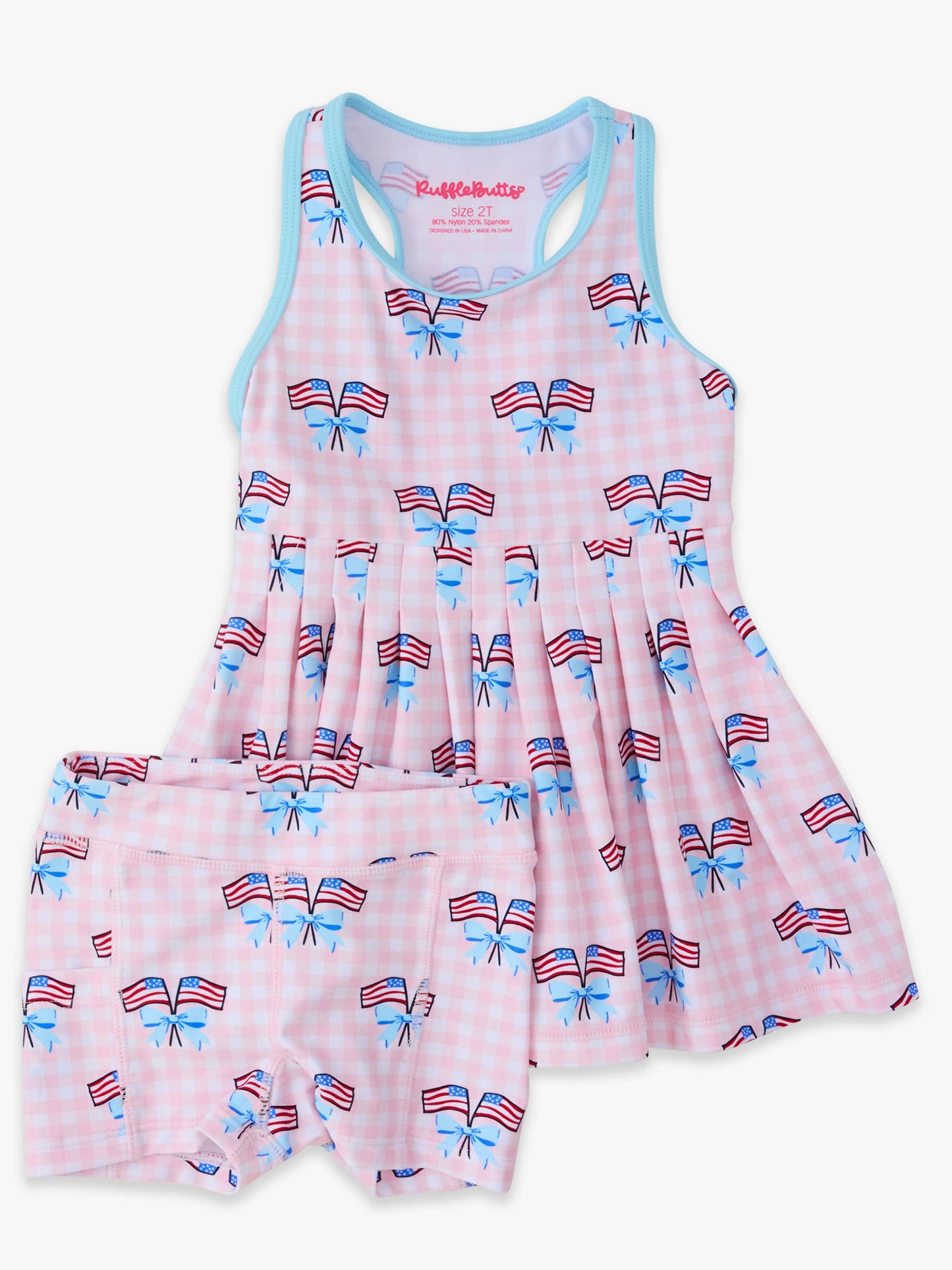 Girls Pink Patriotic Gingham Pleated Skirt Active Dress & Bike Short Set