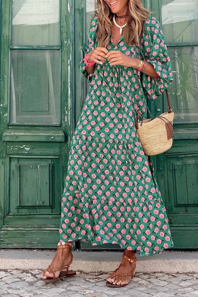 Bohemia Floral Balloon Sleeves loose flare swing dress
