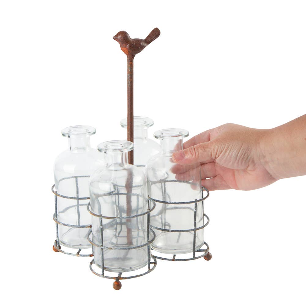 Rustic Distressed Metal Wire Caddy with Glass Bottle Vases