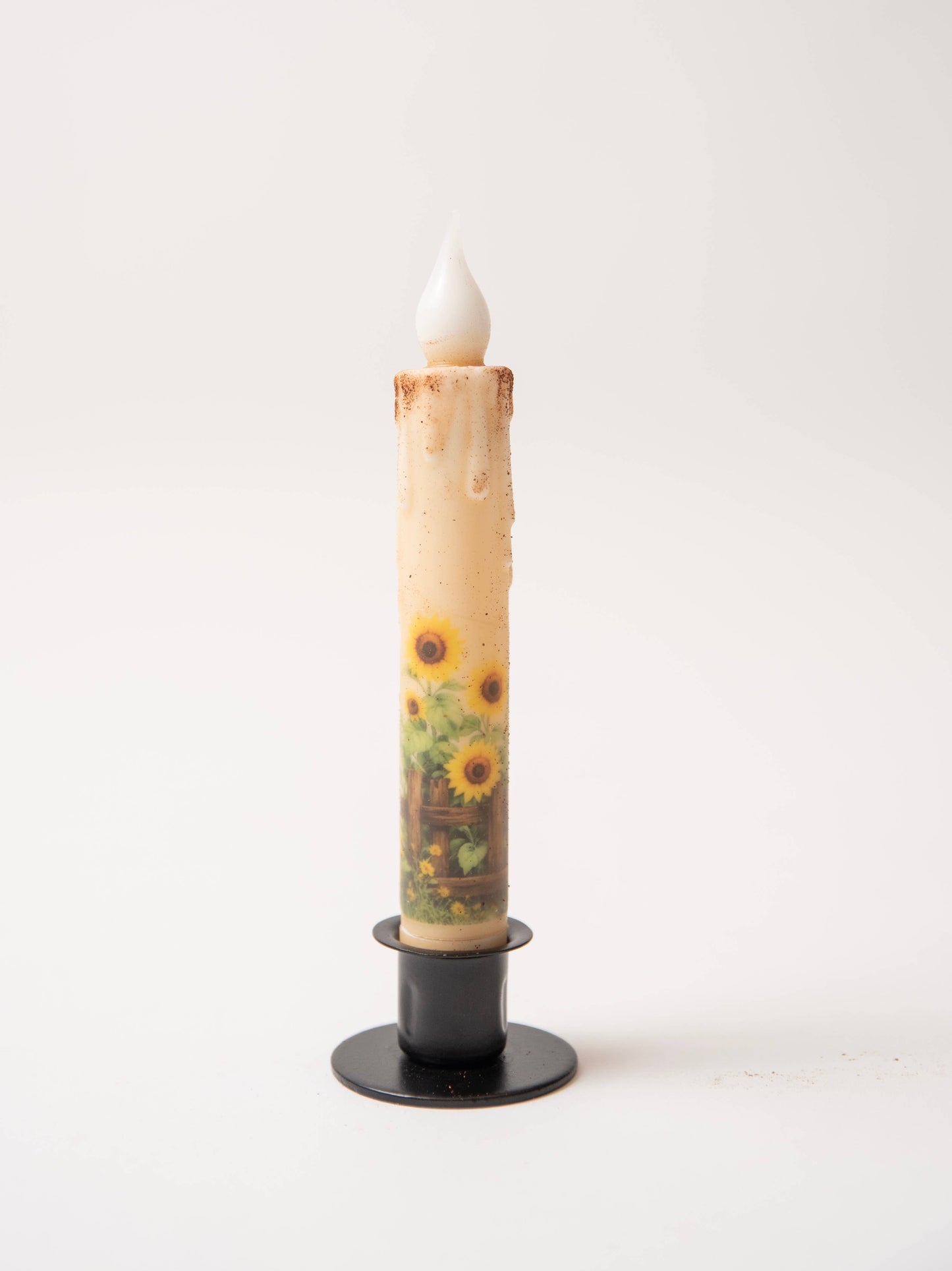 Sunflowers on a Fence Panorama LED Timer Taper Candle