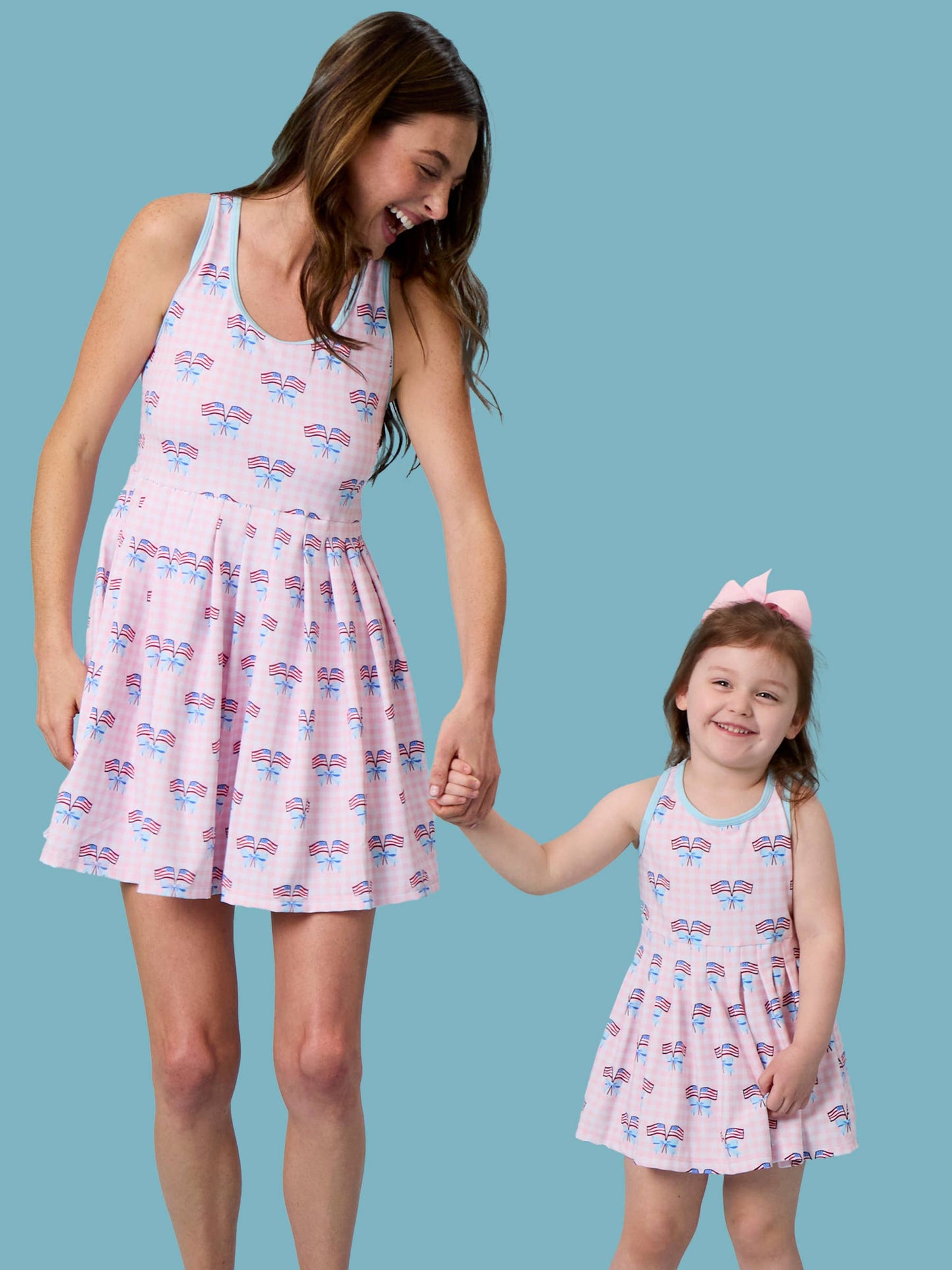 Girls Pink Patriotic Gingham Pleated Skirt Active Dress & Bike Short Set