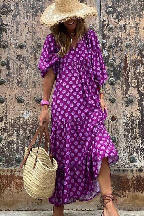 Bohemia Floral Balloon Sleeves loose flare swing dress