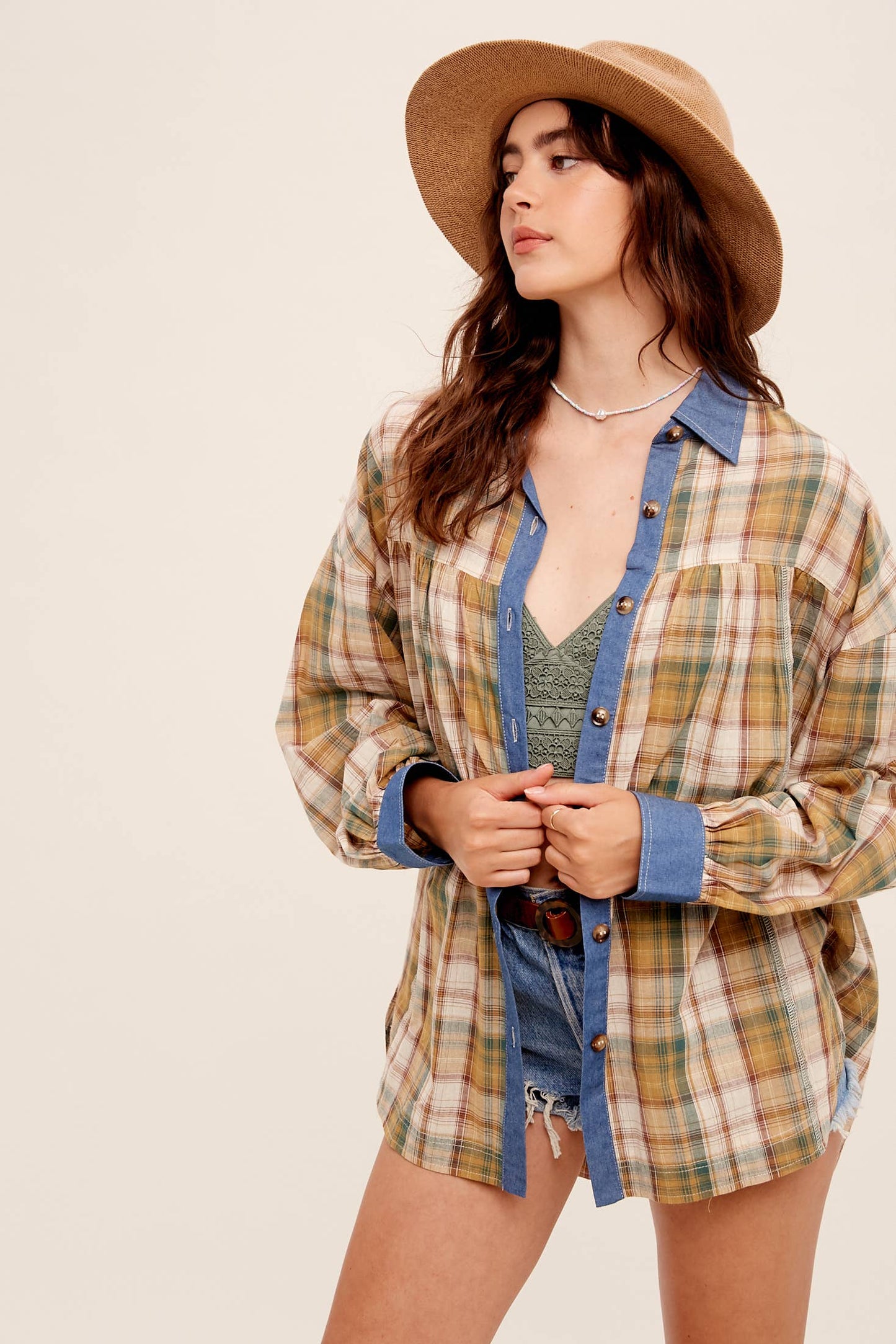 Mixed Plaid Oversized Button-Down Shirt LJ0205