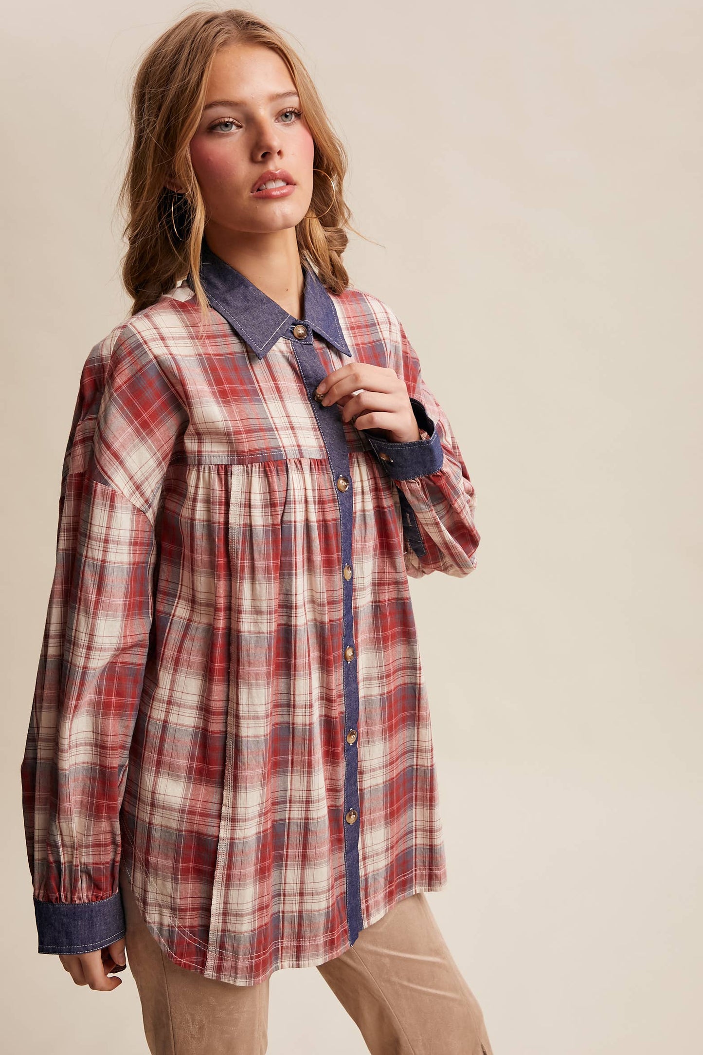 Mixed Plaid Oversized Button-Down Shirt LJ0205