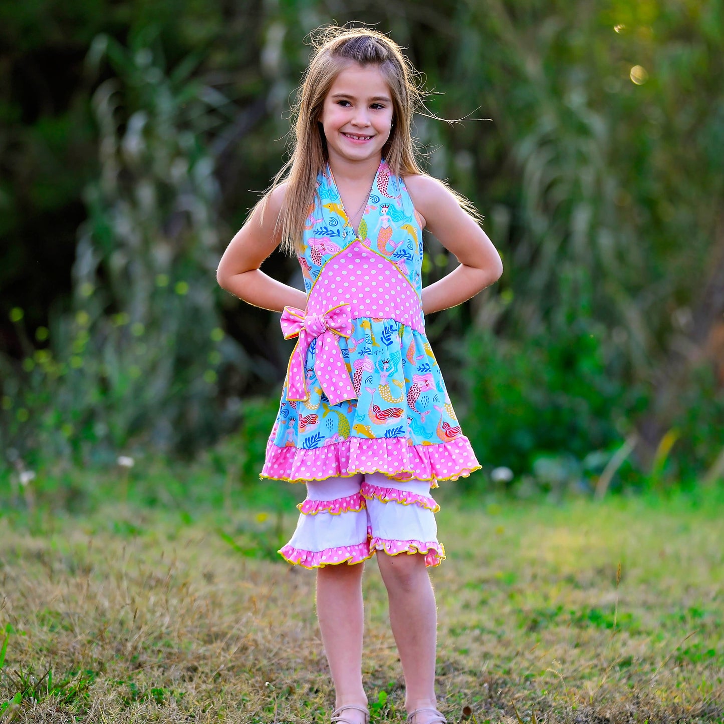 AnnLoren Girls Mermaid Halter Dress White Shorts Summer Set