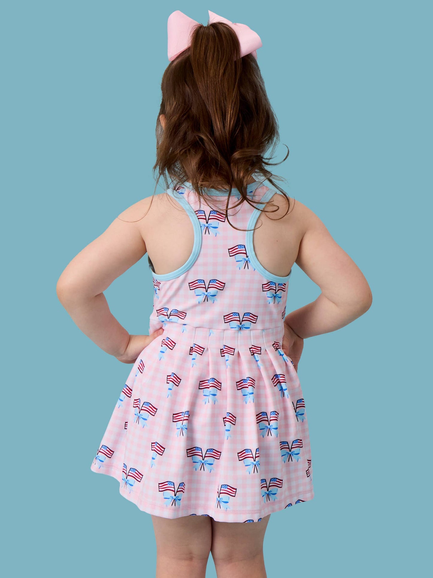Girls Pink Patriotic Gingham Pleated Skirt Active Dress & Bike Short Set
