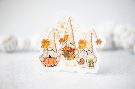 Fall Gnomes, Clear Vinyl Sticker, 3x3 inch