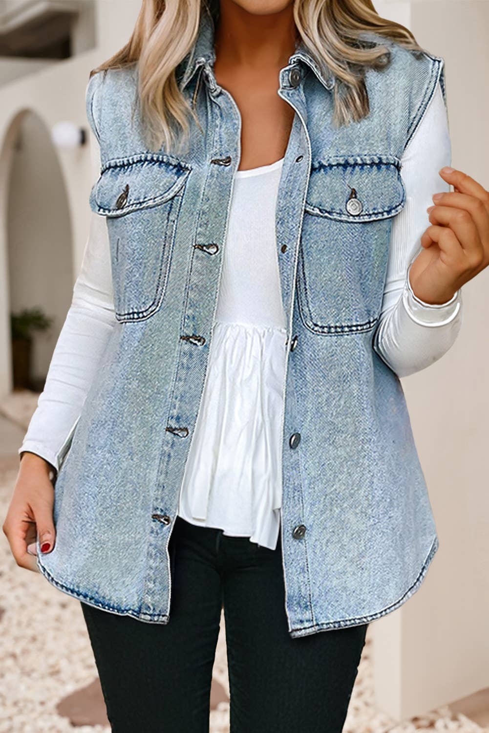 LDC Denim Flap Pocket Curved Hem Shirt Vest