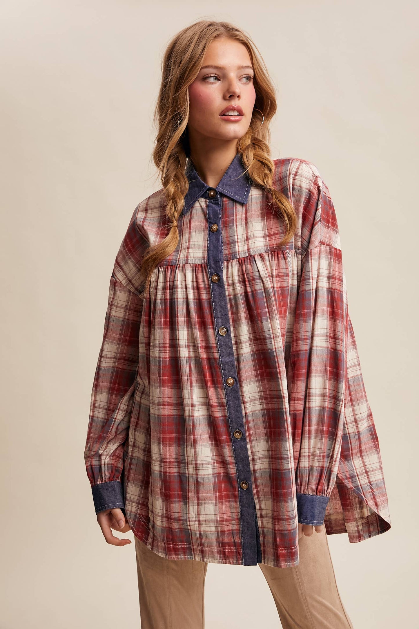 Mixed Plaid Oversized Button-Down Shirt LJ0205