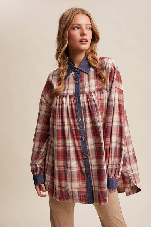 Mixed Plaid Oversized Button-Down Shirt LJ0205