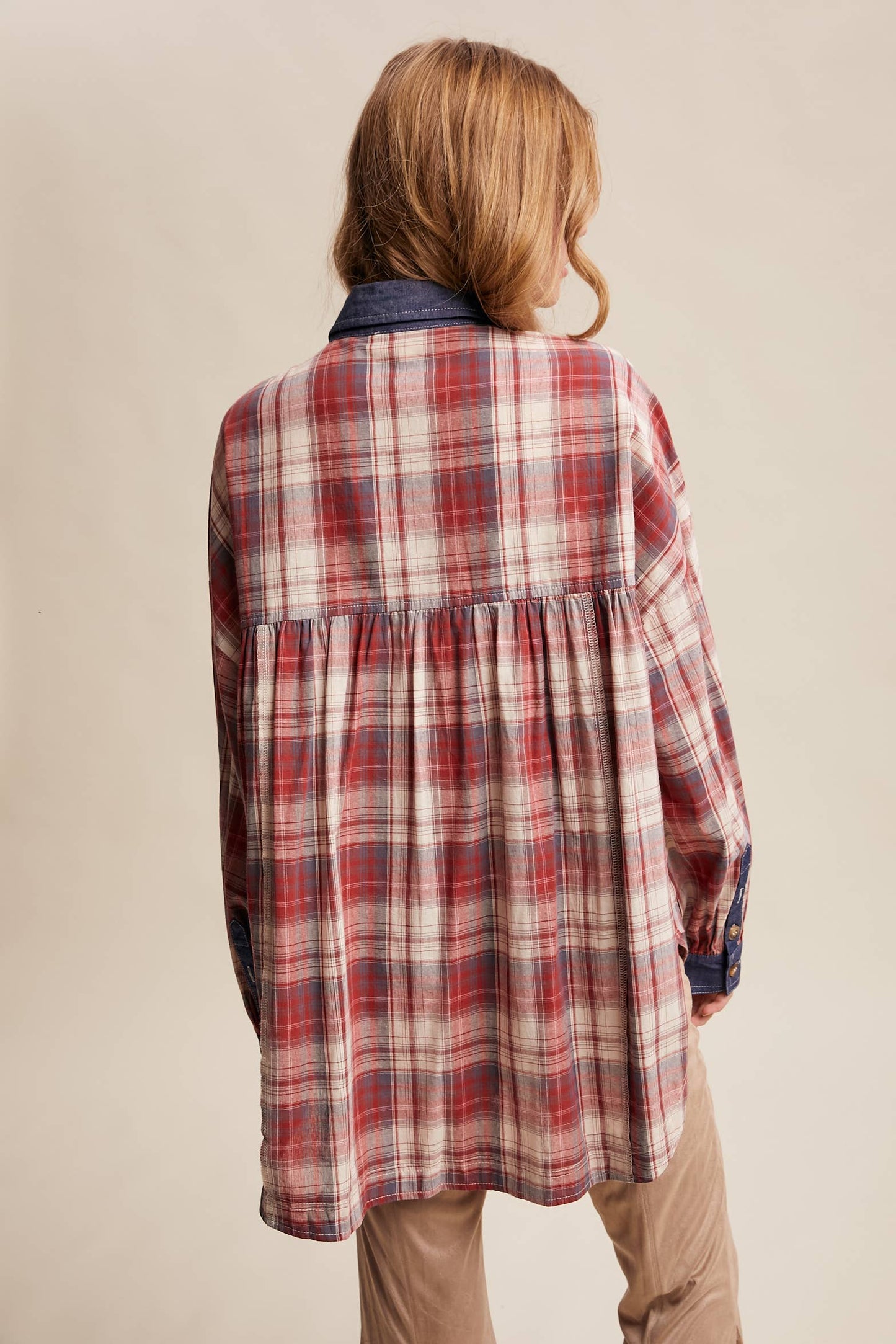 Mixed Plaid Oversized Button-Down Shirt LJ0205