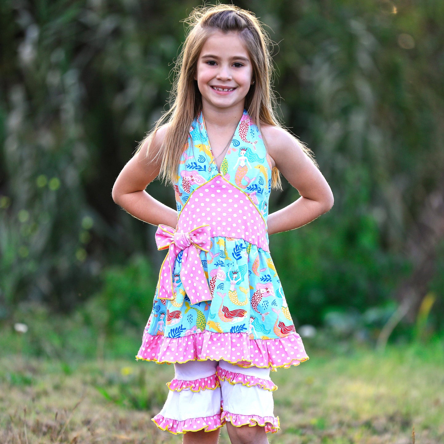 AnnLoren Girls Mermaid Halter Dress White Shorts Summer Set
