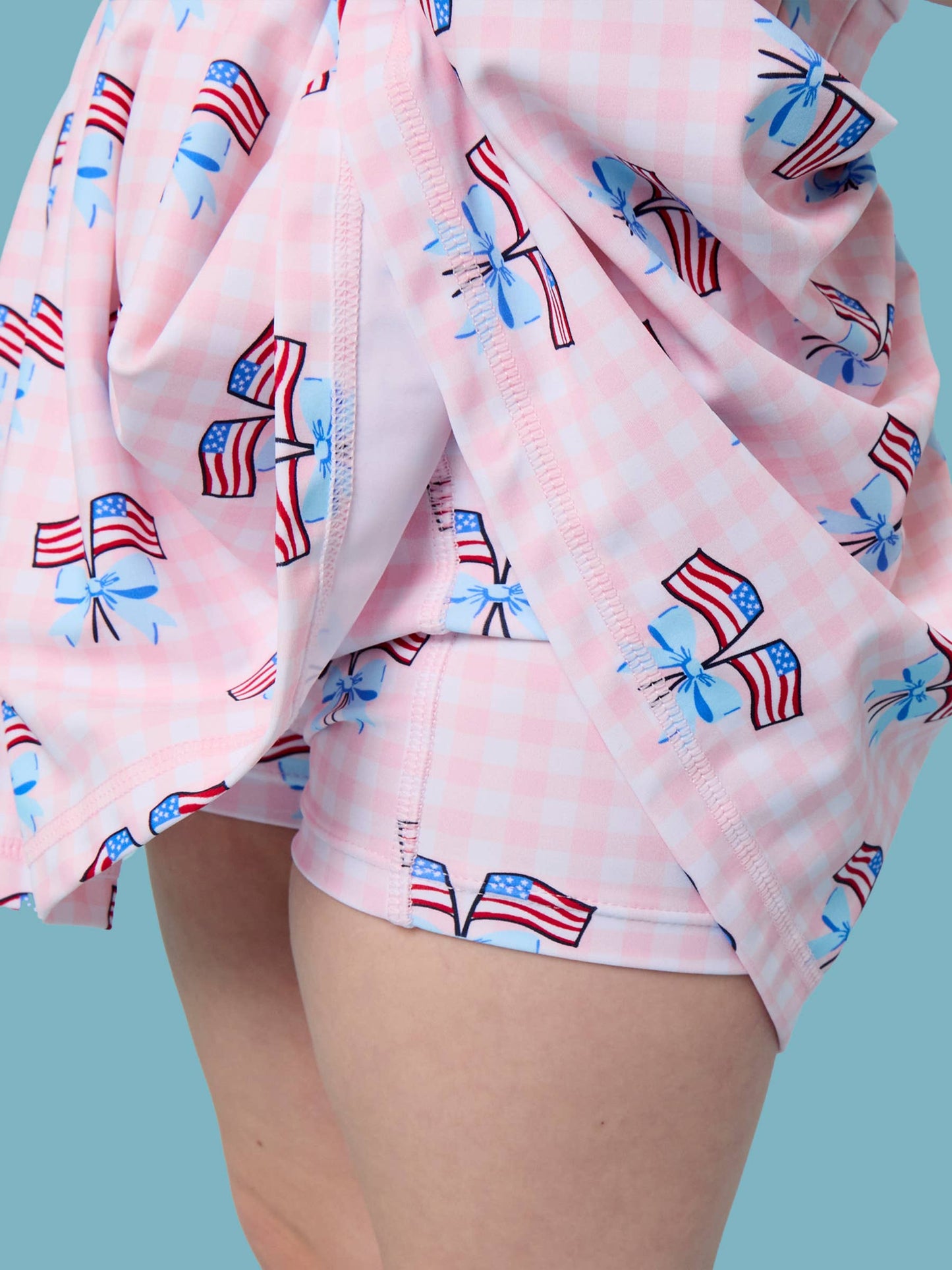 Girls Pink Patriotic Gingham Pleated Skirt Active Dress & Bike Short Set