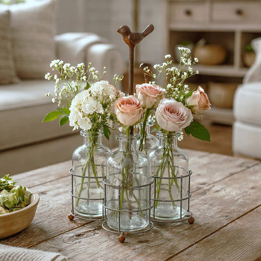 Rustic Distressed Metal Wire Caddy with Glass Bottle Vases