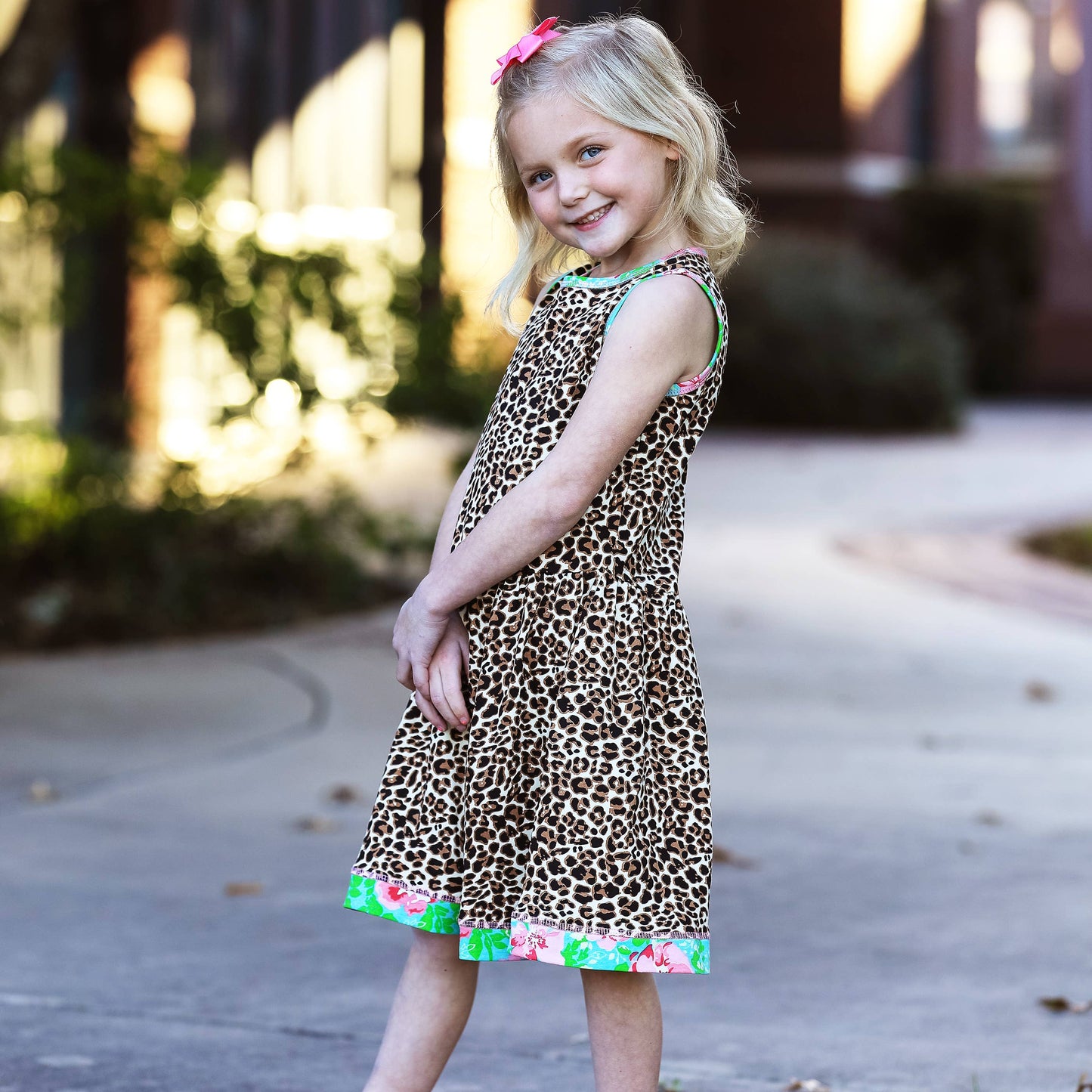 AnnLoren Girls Dress Leopard Floral Rose Swing Sleeveless
