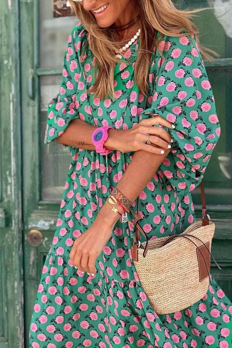 Bohemia Floral Balloon Sleeves loose flare swing dress