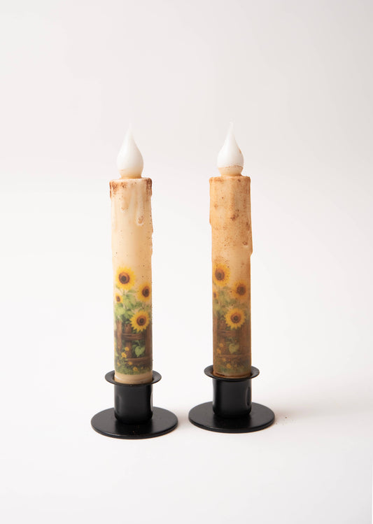 Sunflowers on a Fence Panorama LED Timer Taper Candle