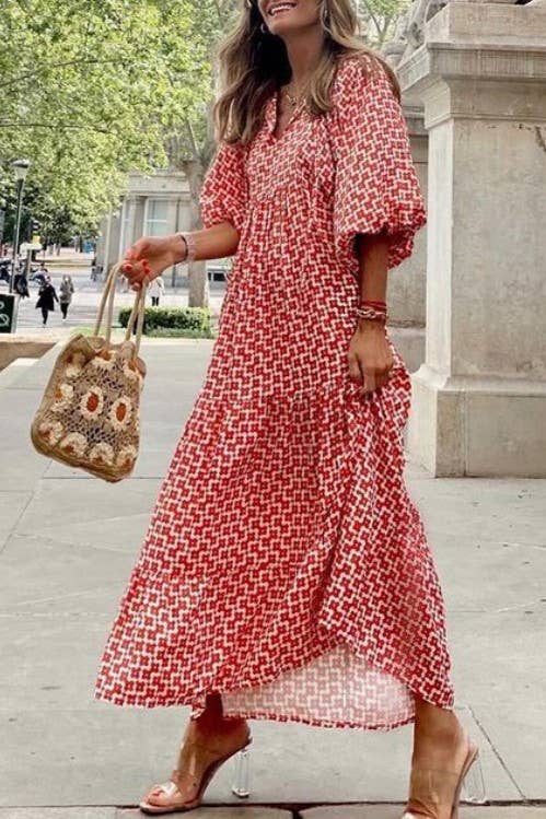 Bohemia Floral Balloon Sleeves loose flare swing dress