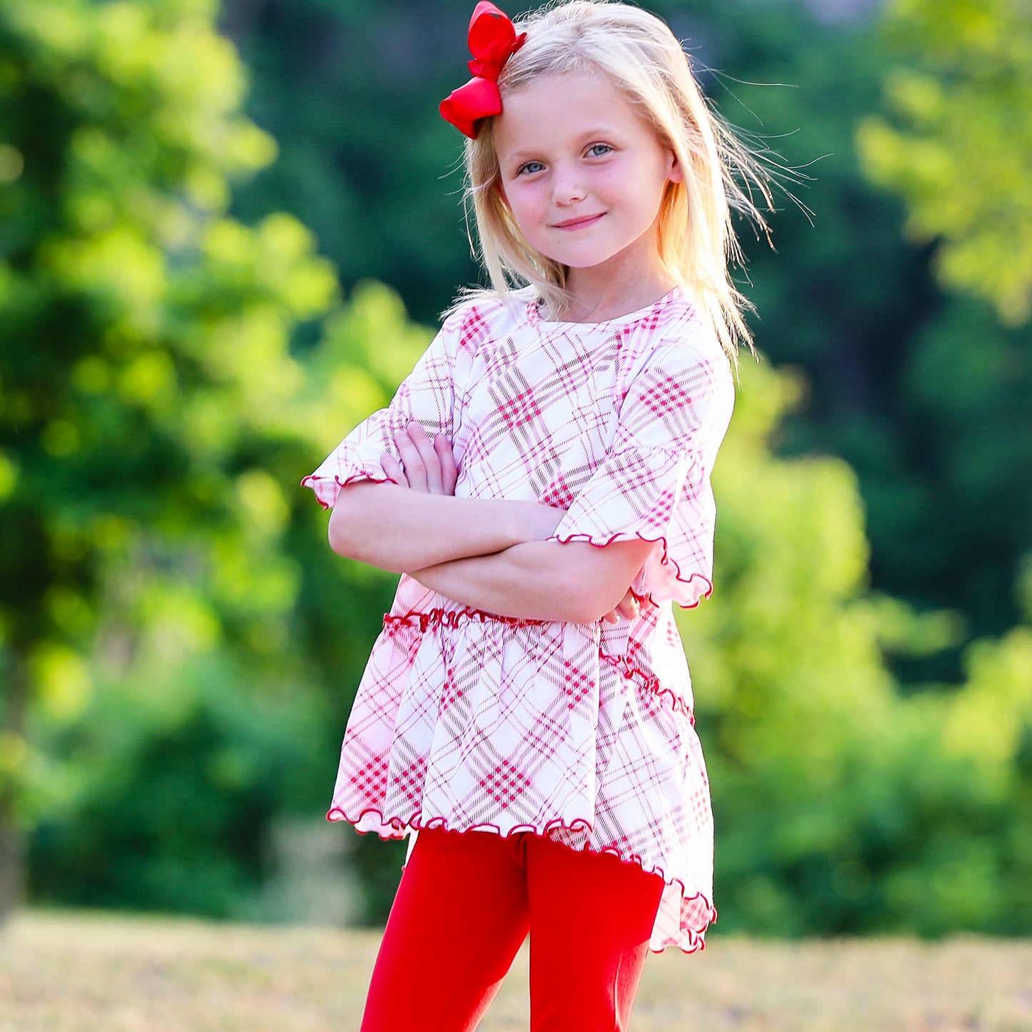 AnnLoren Girls Red Plaid Ruffle Shirt Embroidery Blanks