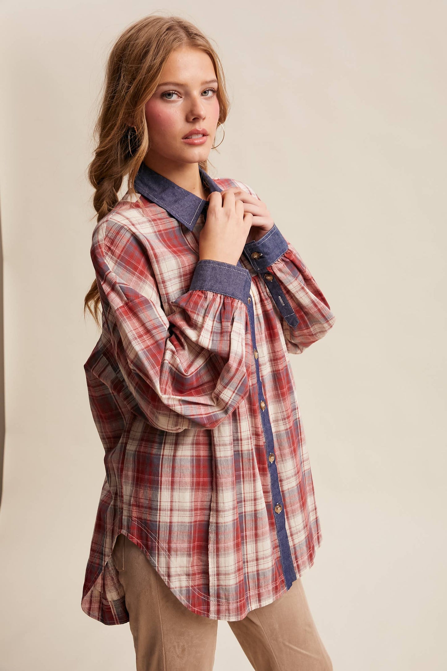 Mixed Plaid Oversized Button-Down Shirt LJ0205