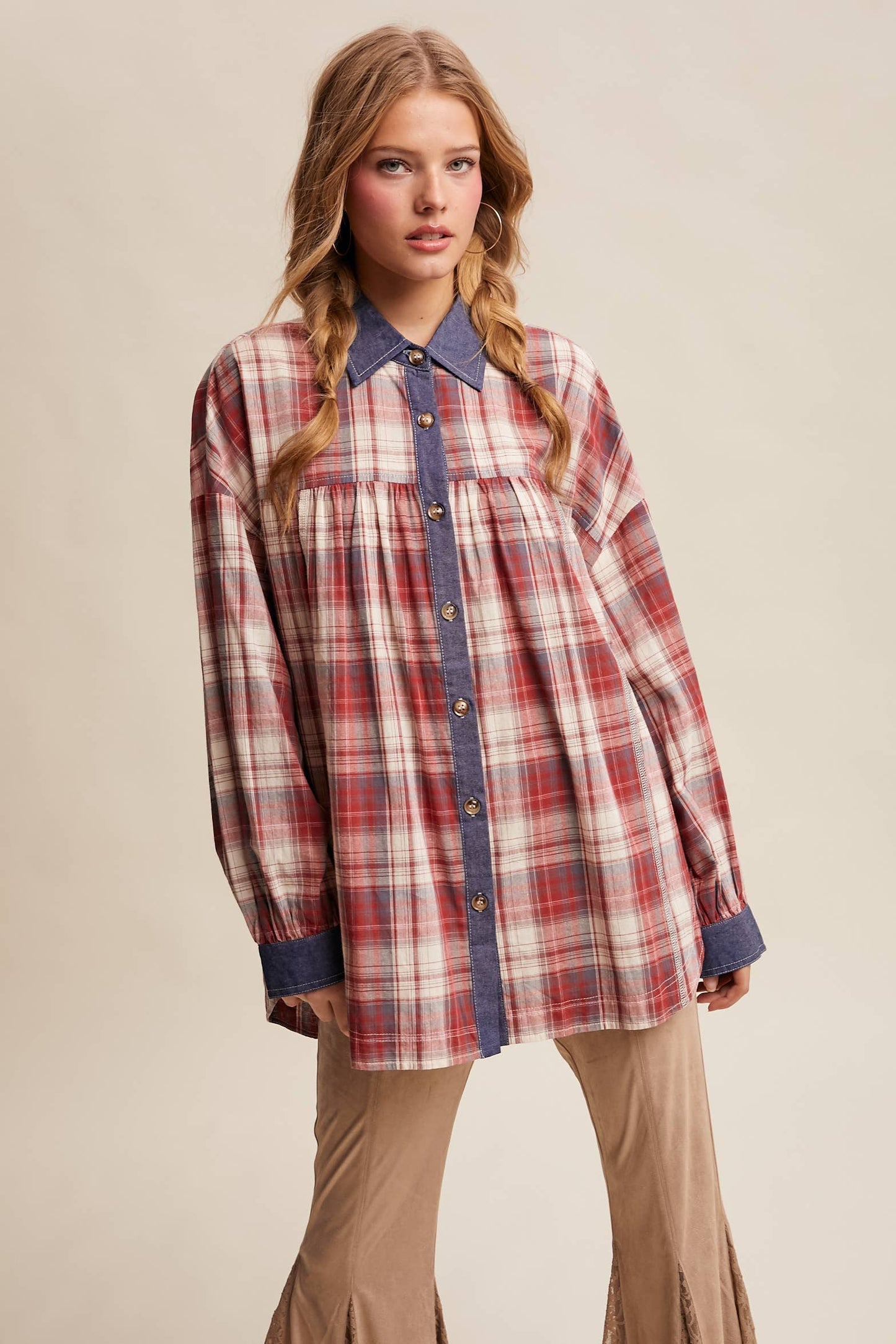 Mixed Plaid Oversized Button-Down Shirt LJ0205
