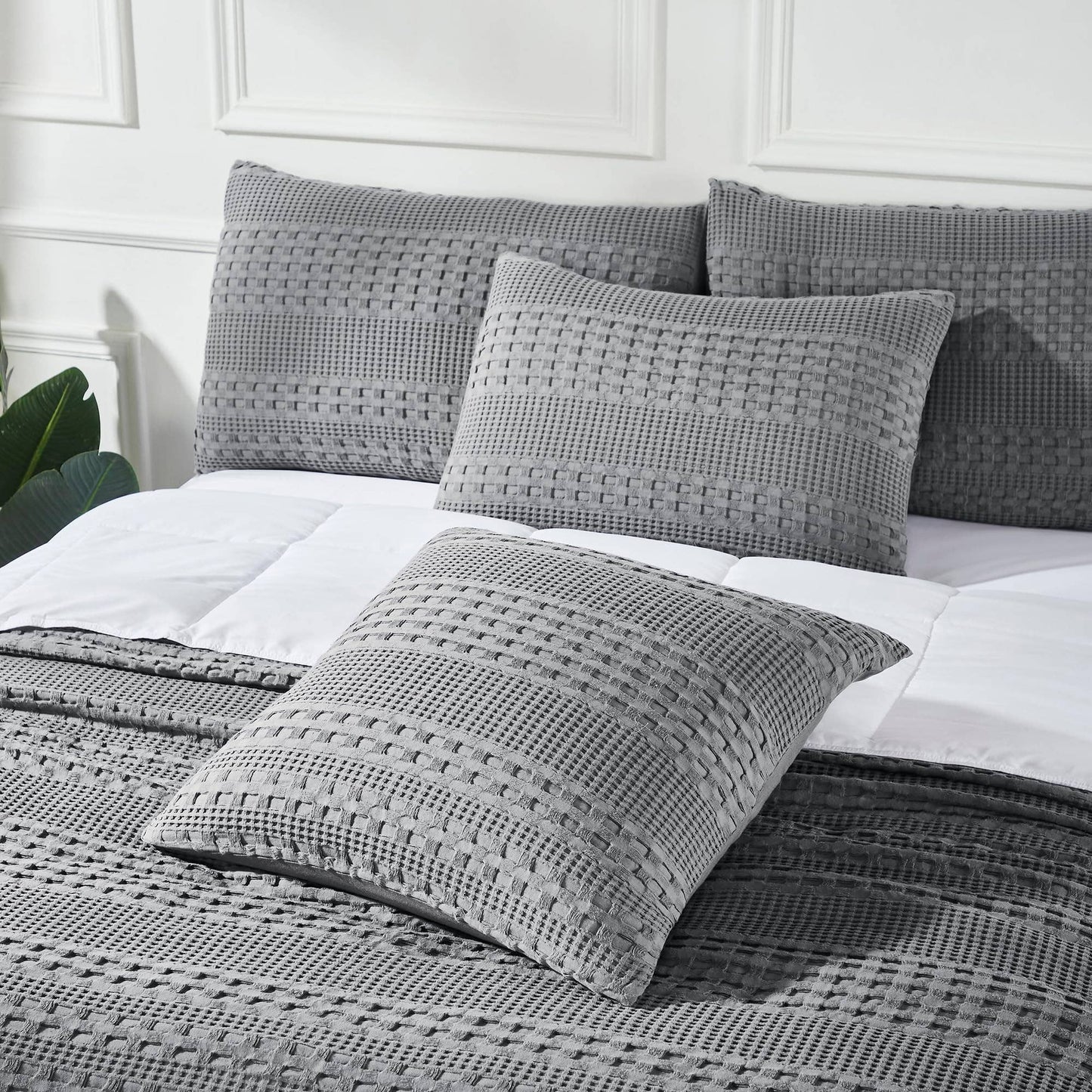 VHC Brands Waffle Weave Dark Gray Pillow Cover Set (2-Pack) 24x24 - Decorative Throw Pillow Covers for Farmhouse Boho Bedroom & Living Room Decor