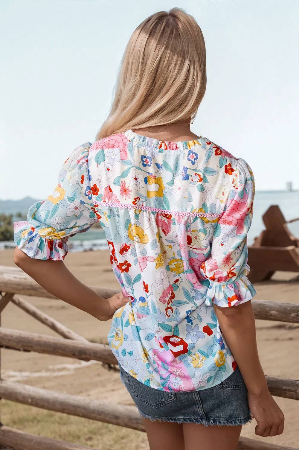 Fashion-W Boho Flower Print Half Puff Sleeve Blouse