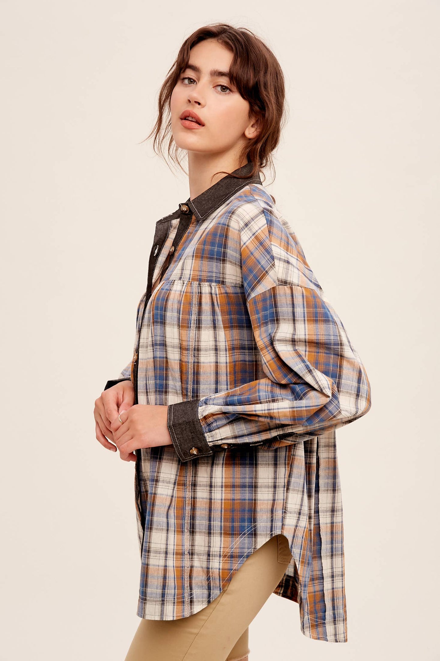 Mixed Plaid Oversized Button-Down Shirt LJ0205