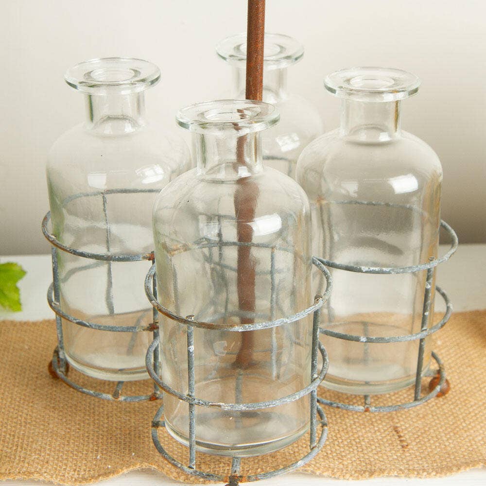 Rustic Distressed Metal Wire Caddy with Glass Bottle Vases