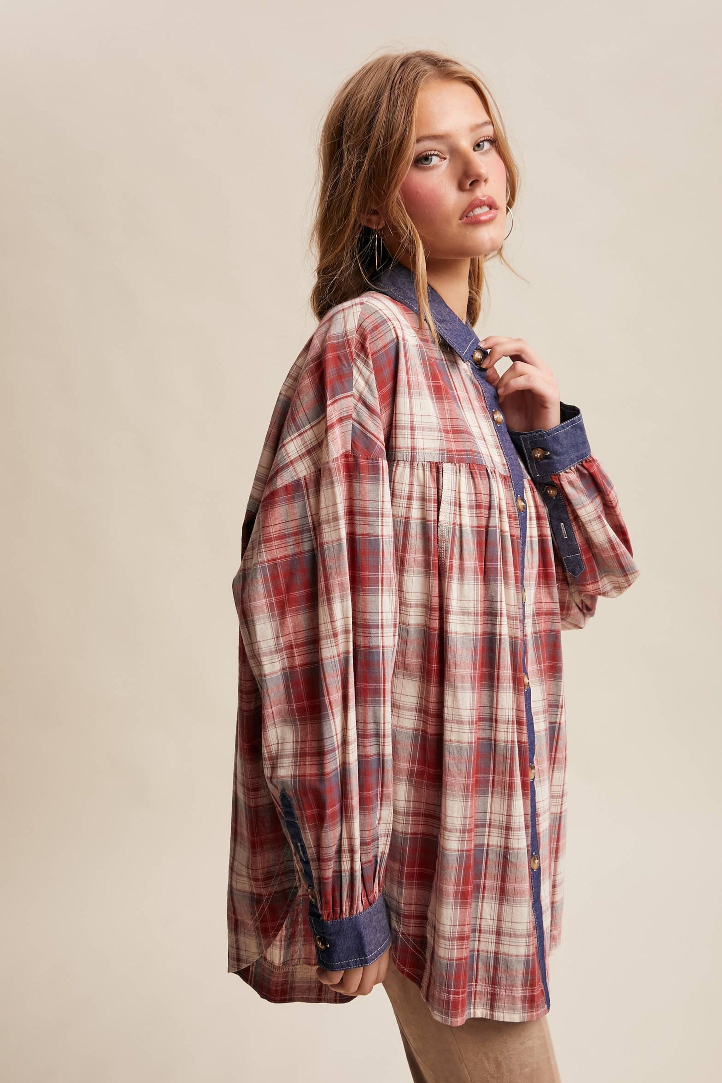 Mixed Plaid Oversized Button-Down Shirt LJ0205
