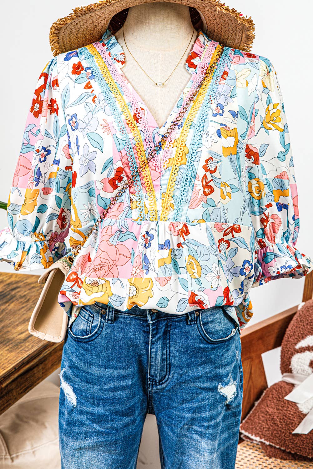 Fashion-W Boho Flower Print Half Puff Sleeve Blouse