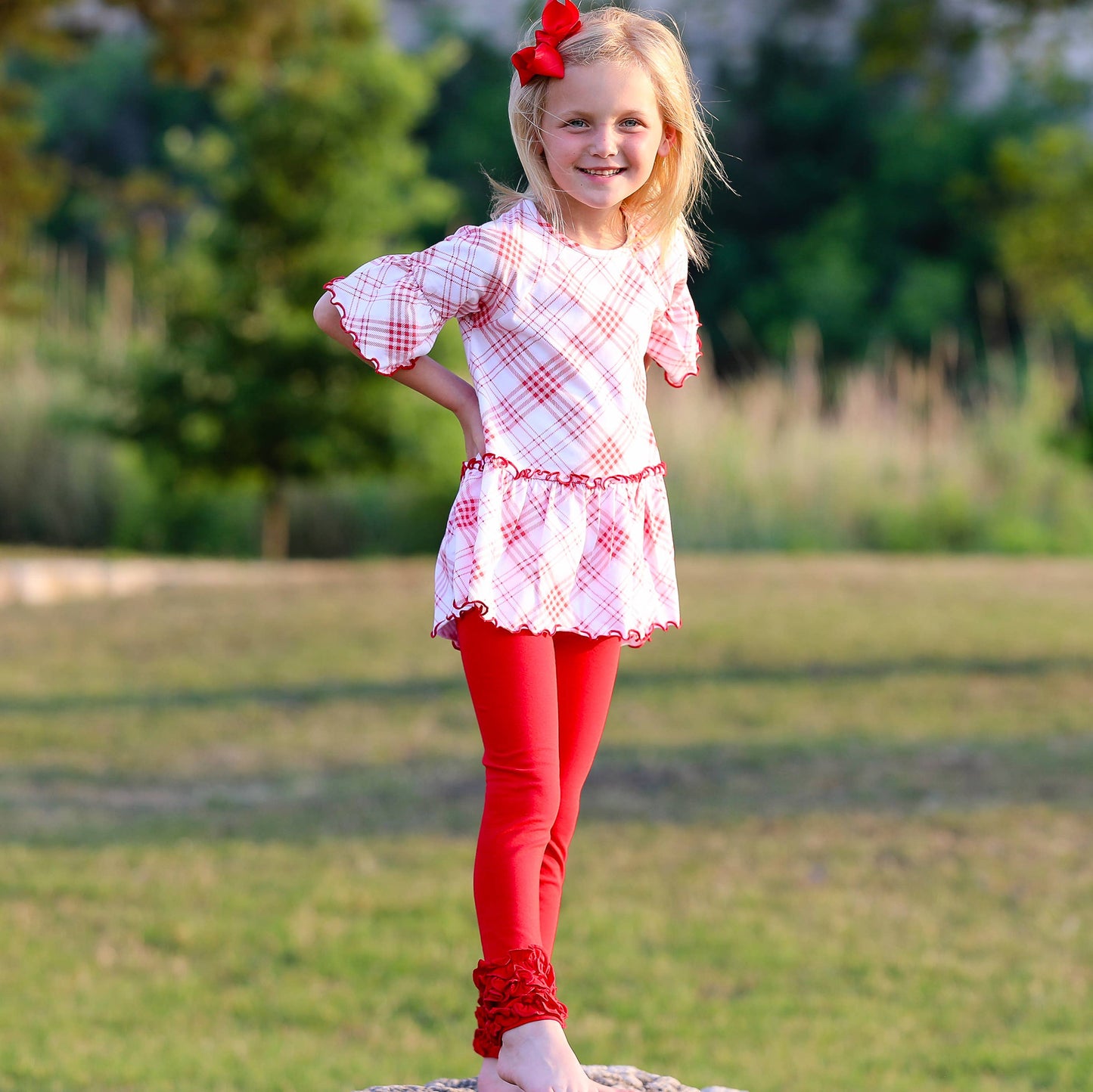 AnnLoren Girls Red Plaid Ruffle Shirt Embroidery Blanks